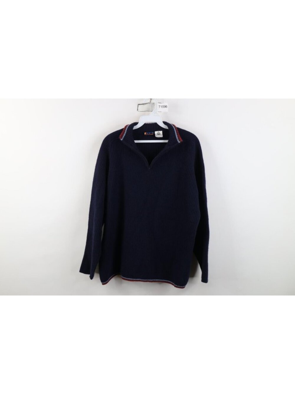 Vtg 90s Y2K Striped 1/4 Zip Pullover Sweater Womens Size M Navy Blue Wool Knit